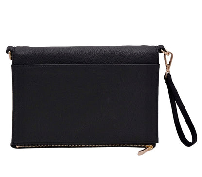Black Indigo Nappy Changing Clutch Back View. Wrist strap with gold hardware attached.